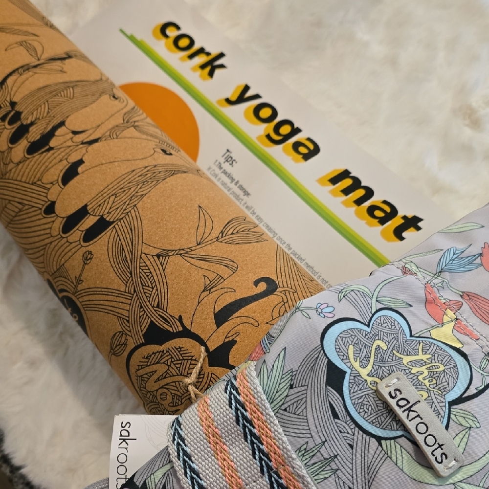 Sakroots Cork Yoga Mat with Black and Multicolor Design